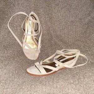 CYNTHIA VINCENT-Patience-Latte Suede-Ties-Mini Wedge Flat Sandals-Sz 8-Excellent